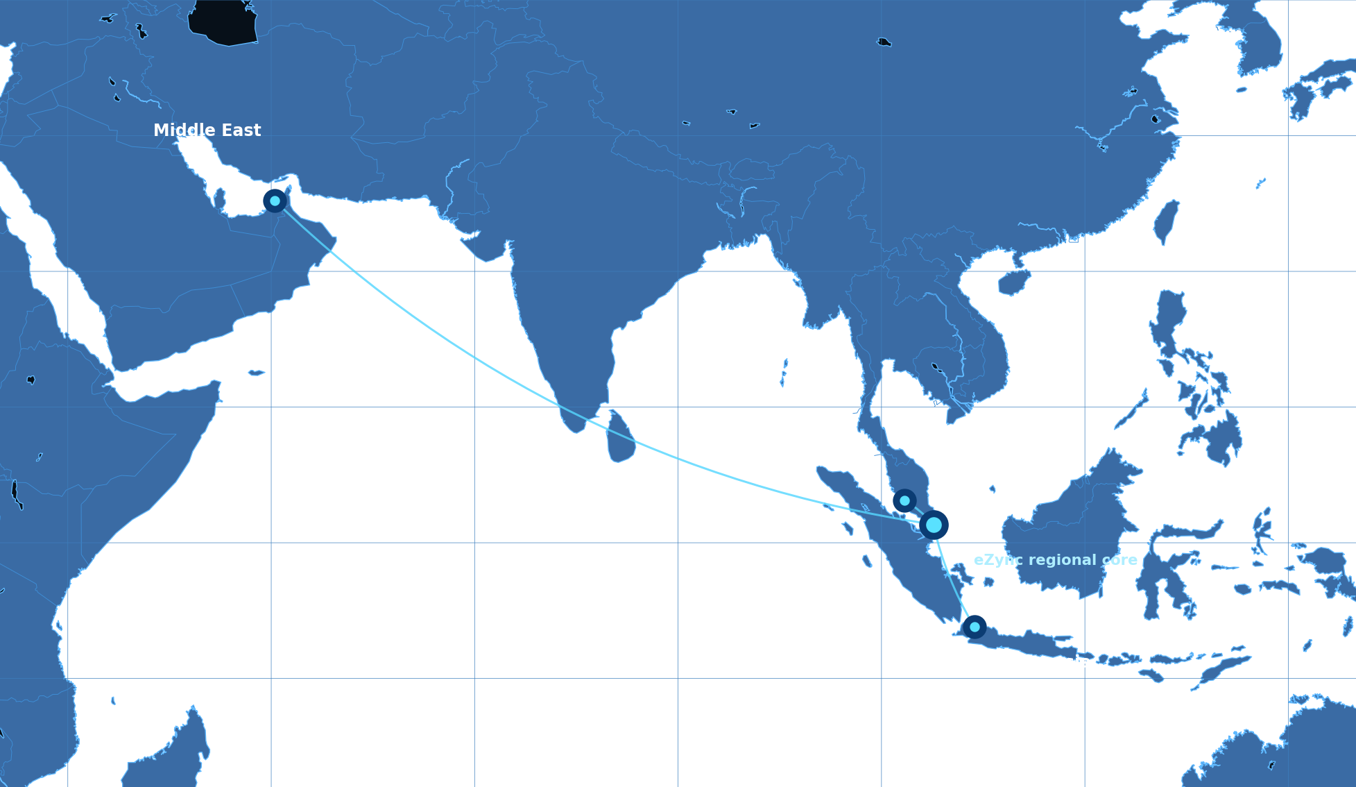 Geographic map of the Middle East and Southeast Asia highlighting eZync operating markets